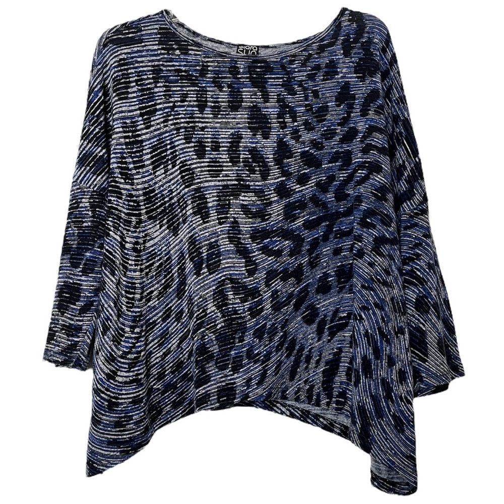 Clara Sun Woo Lagenlook Top Animal Print Blue Black Handkerchief Hem USA Made XL